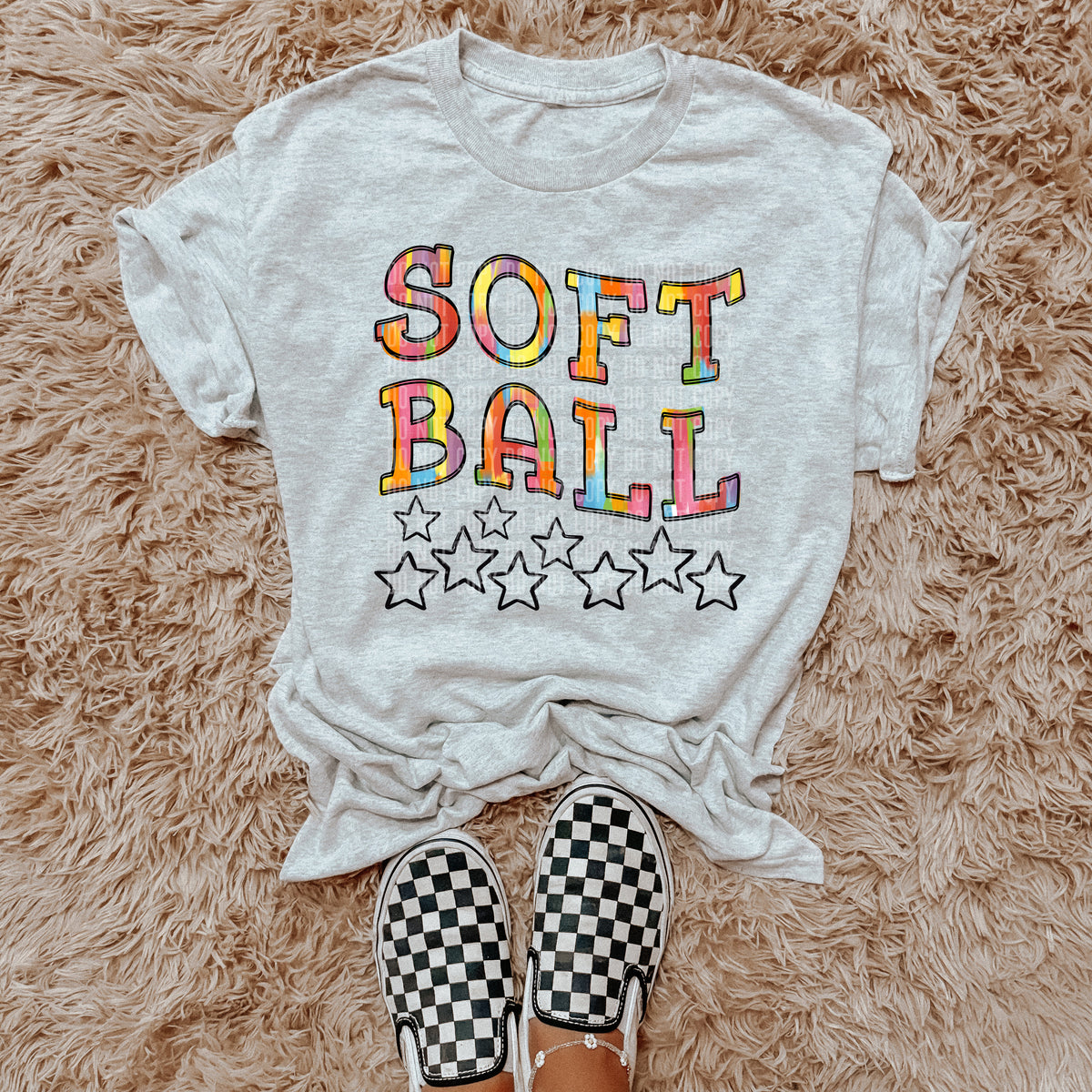 Softball Rainbow Brushstroke with Stars (Caplinger) DTF transfer