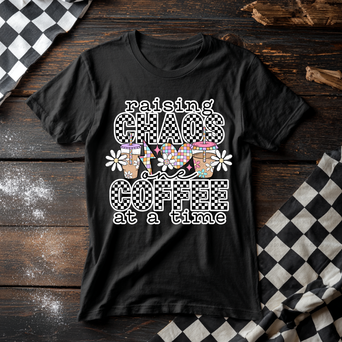 Raising chaos one coffee at a time WHITE FLORAL (Revel) DTF Transfer