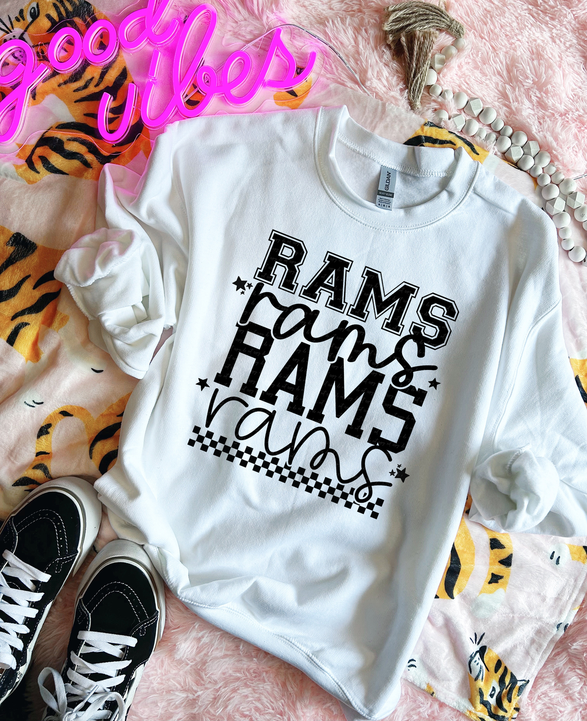 Rams Varsity And Cursive Font Checkers Black 86633 DTF Transfer