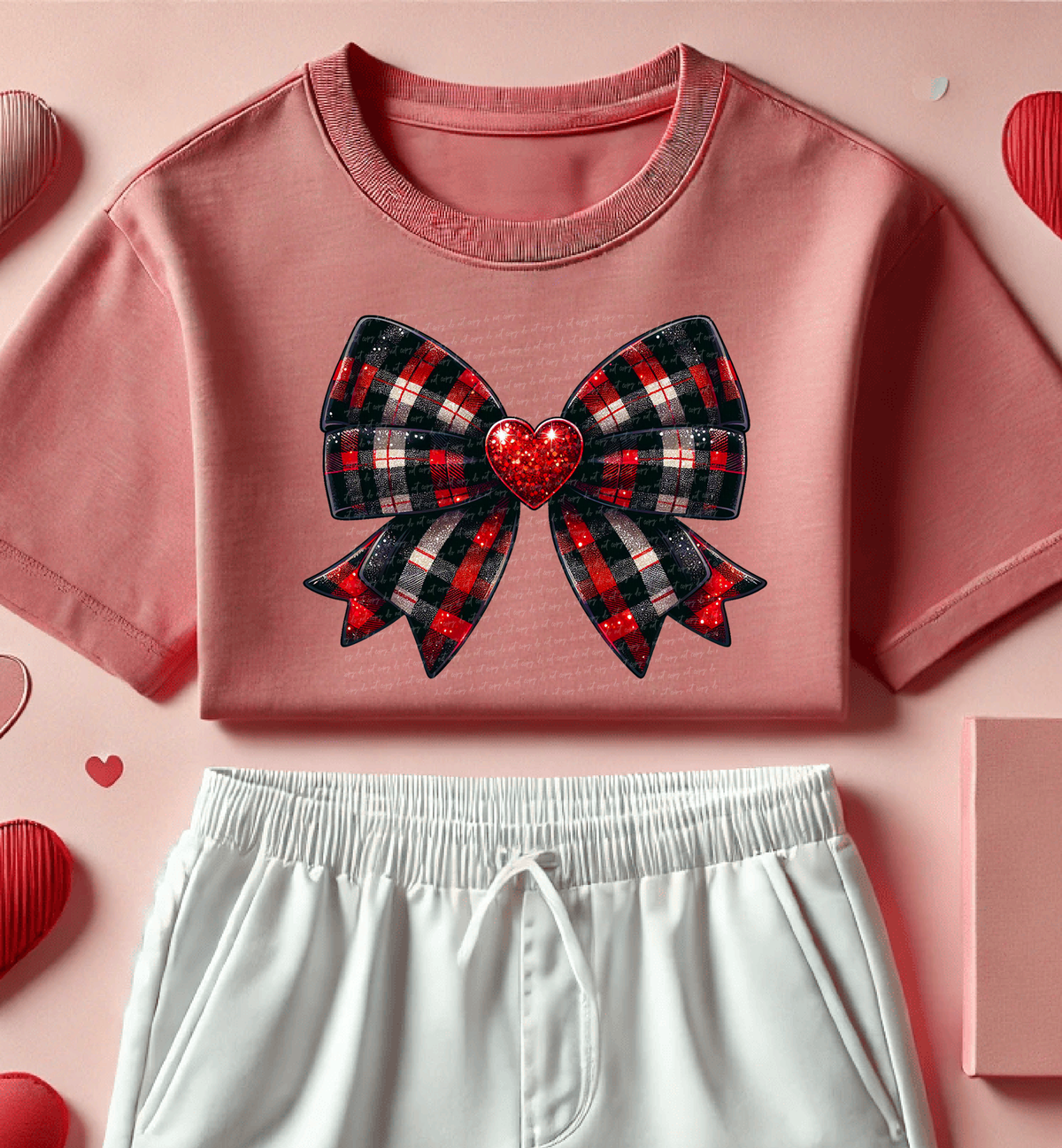 Red Black Plaid Bow Heart 76482 DTF Transfer