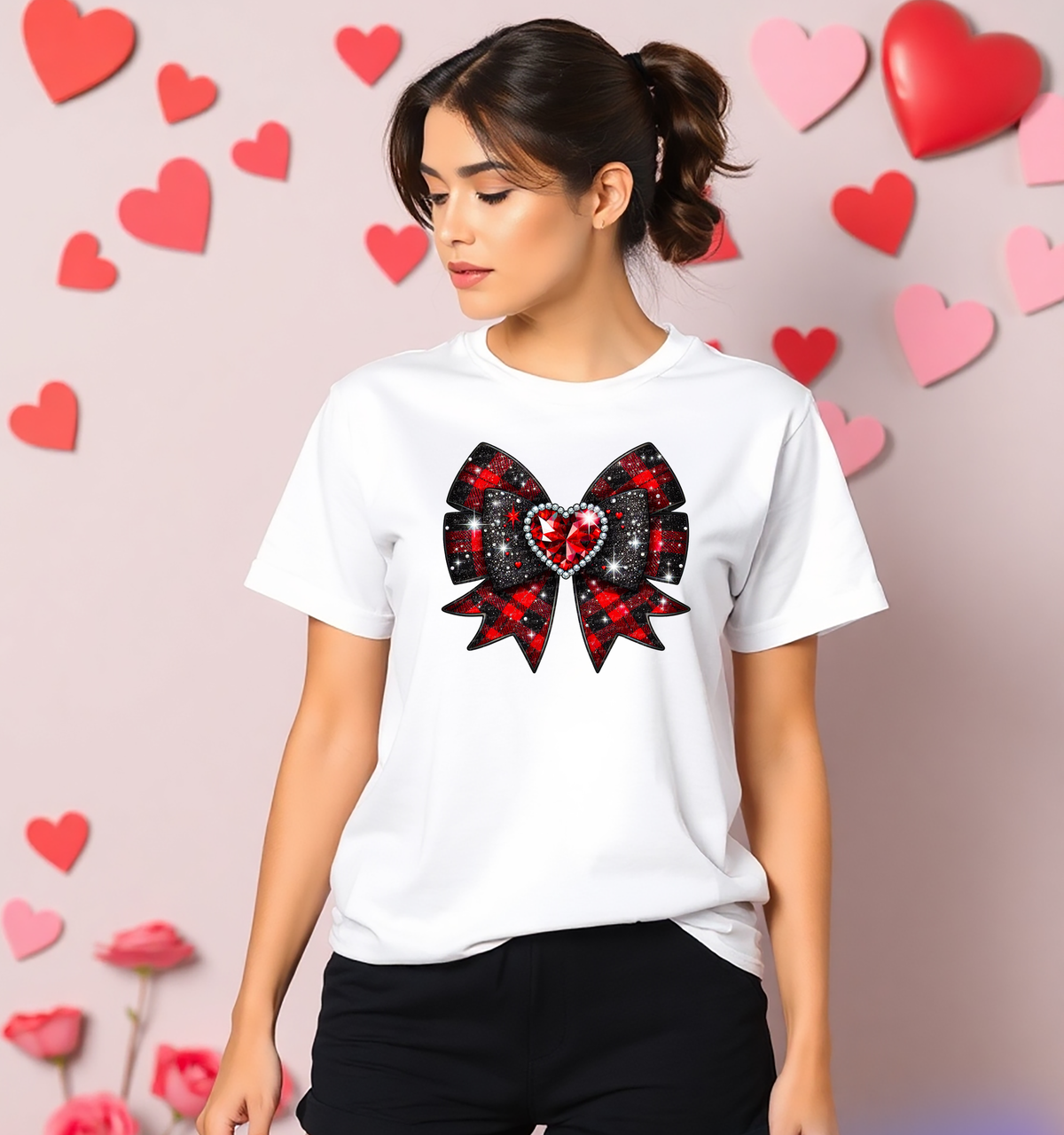 Red Black Plaid Bow Heart Diamond Outline Sparkling 76479 DTF Transfer
