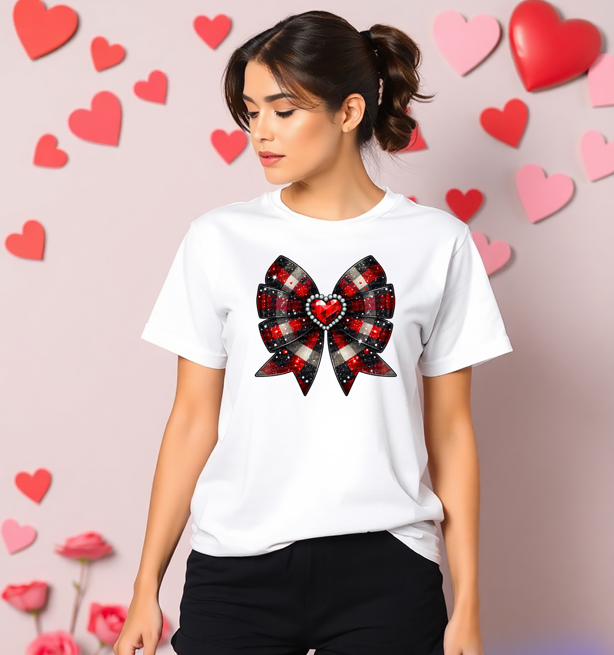 Red Black Plaid Bow Heart Gems Outline 76481 DTF Transfer