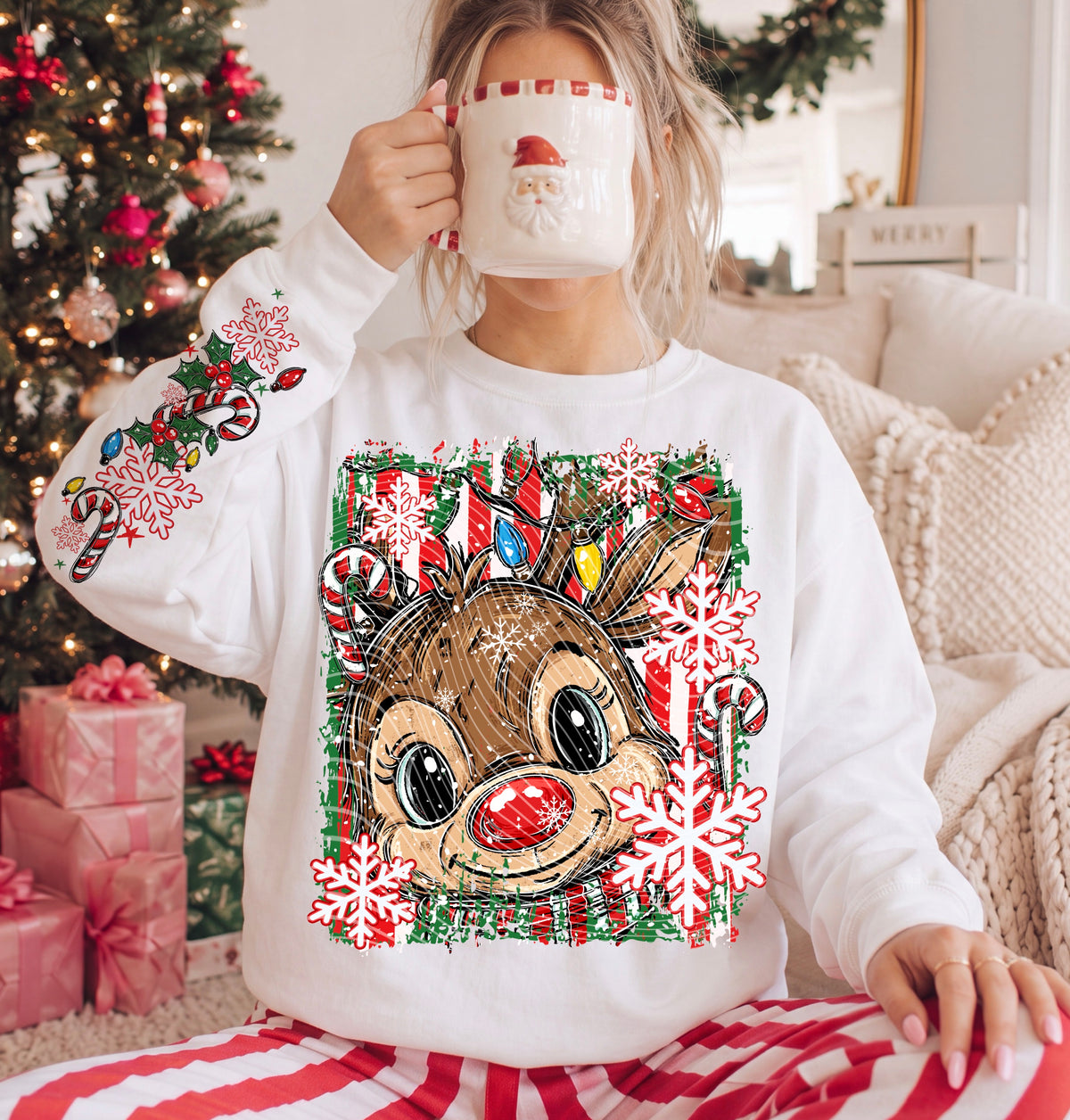 Close up reindeer candy cane stripes (FRONT ONLY) (AG) DTF Transfer