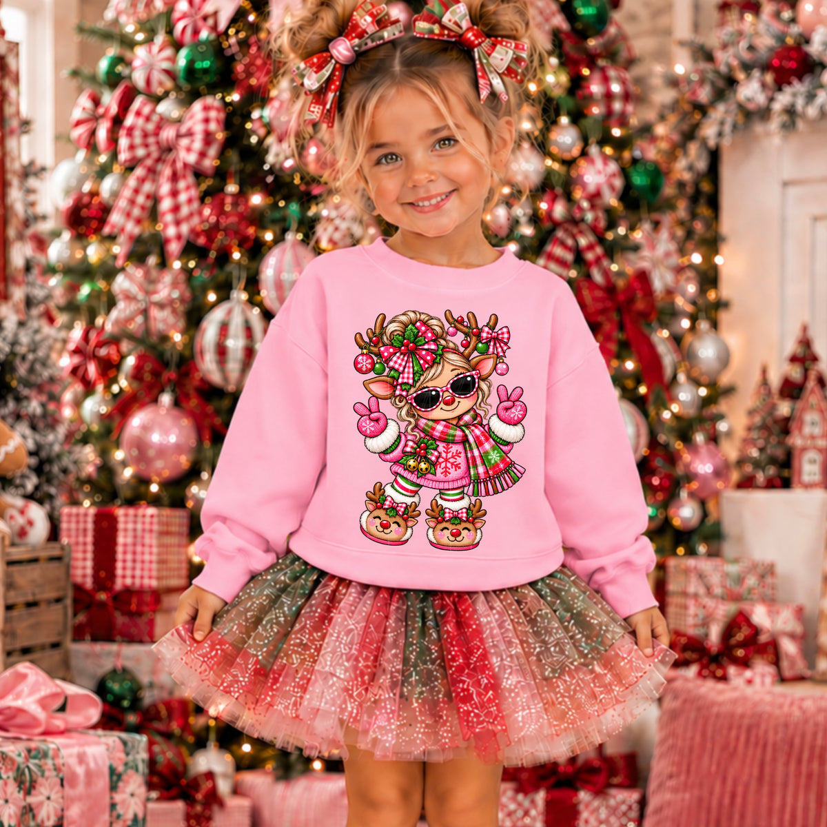 Girl Christmas reindeer peace hands (SDD) DTF Transfer
