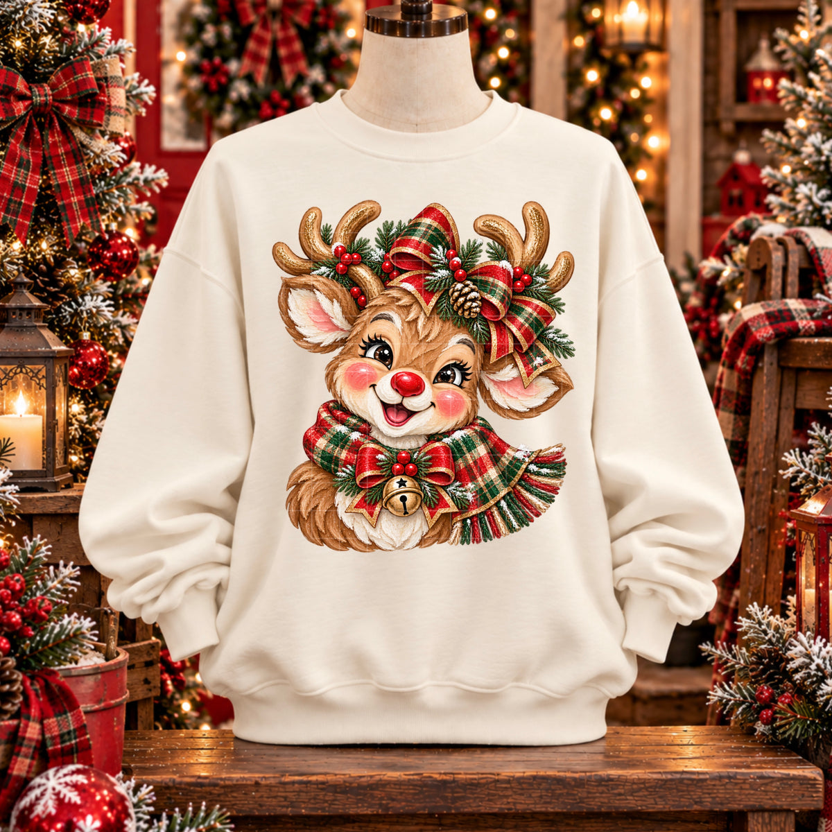 Blushing reindeer and green plaid scarf and bow (SDD) DTF Transfer