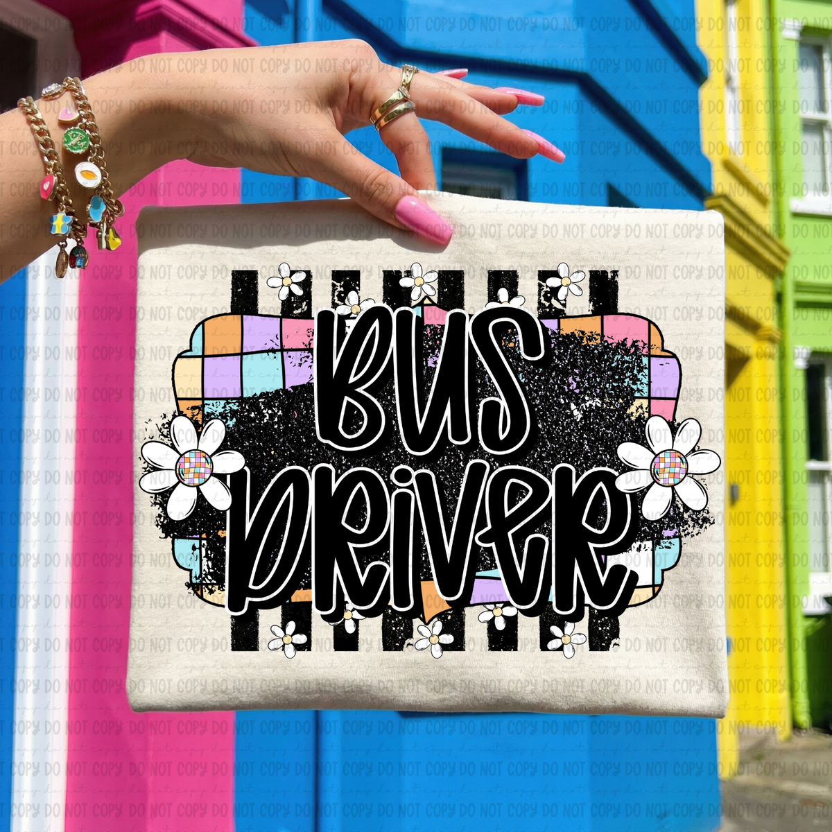 Retro colorful checkered Bus driver (Revel) DTF Transfer
