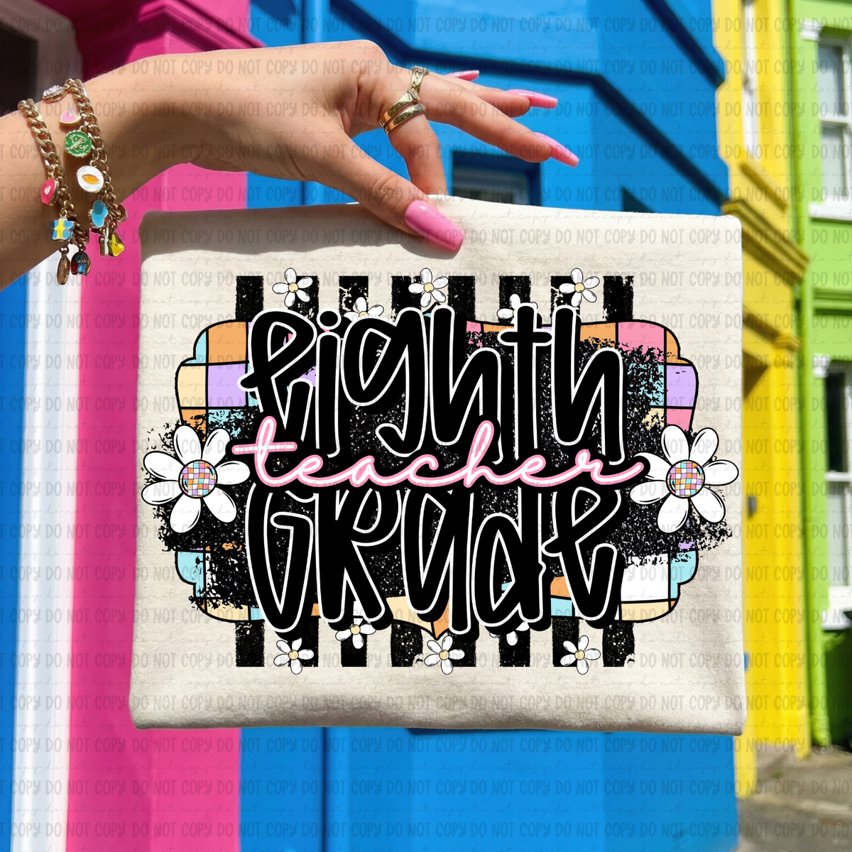 Retro colorful checkered eighth grade teacher (Revel) DTF Transfer