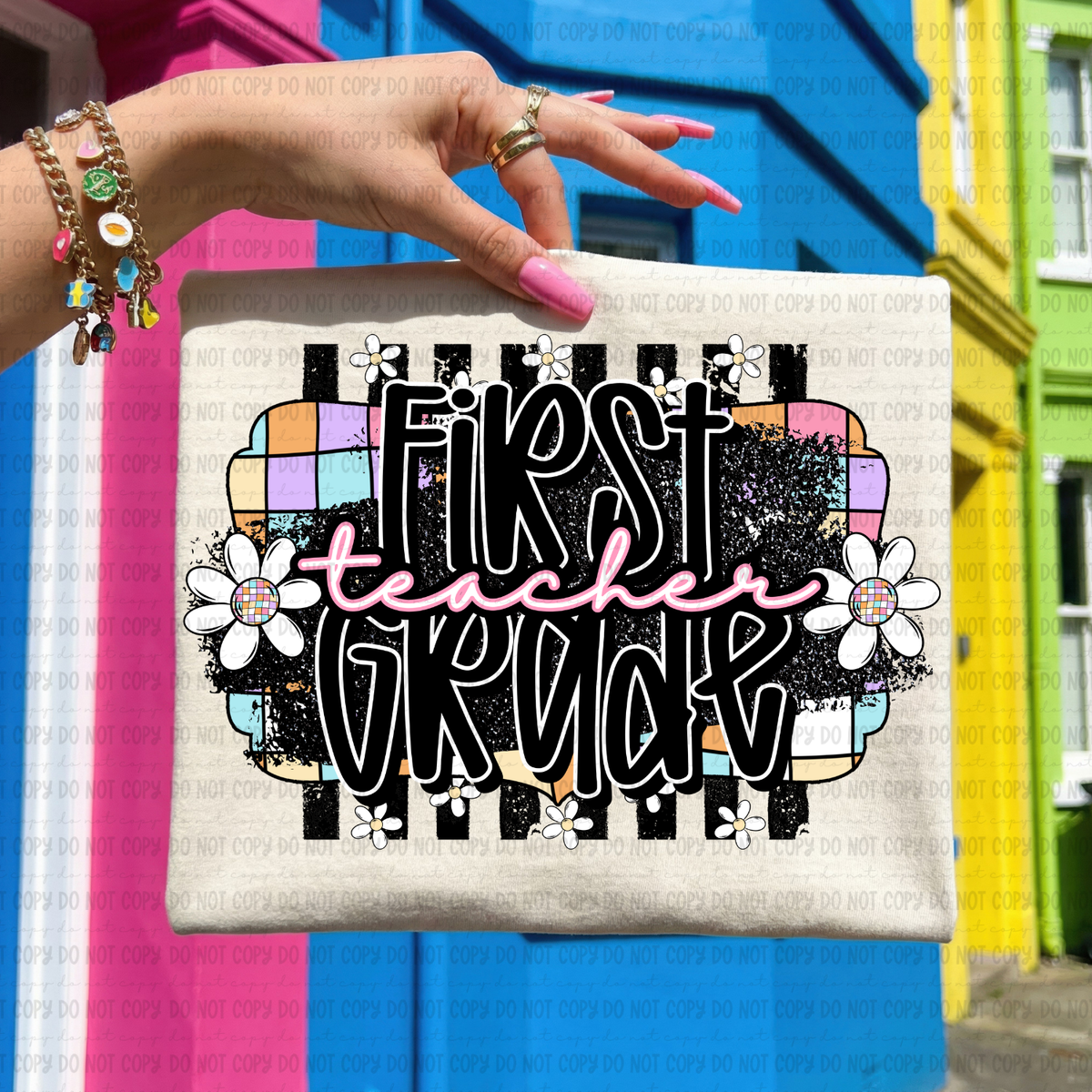 Retro colorful checkered first grade teacher (Revel) DTF Transfer