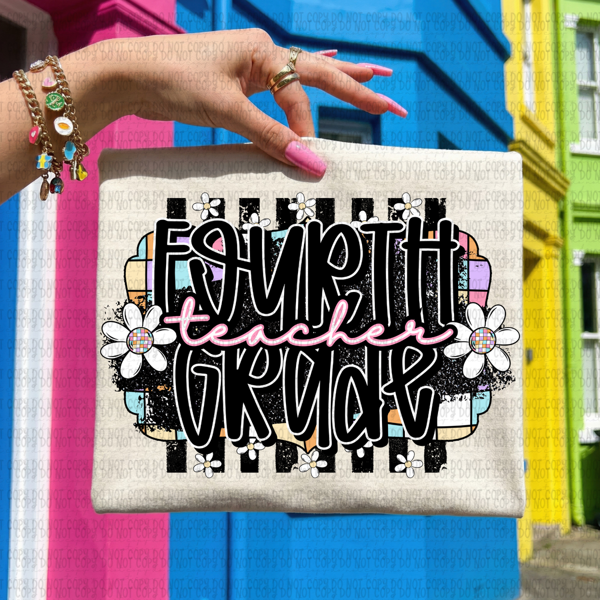 Retro colorful checkered fourth grade teacher (Revel) DTF Transfer