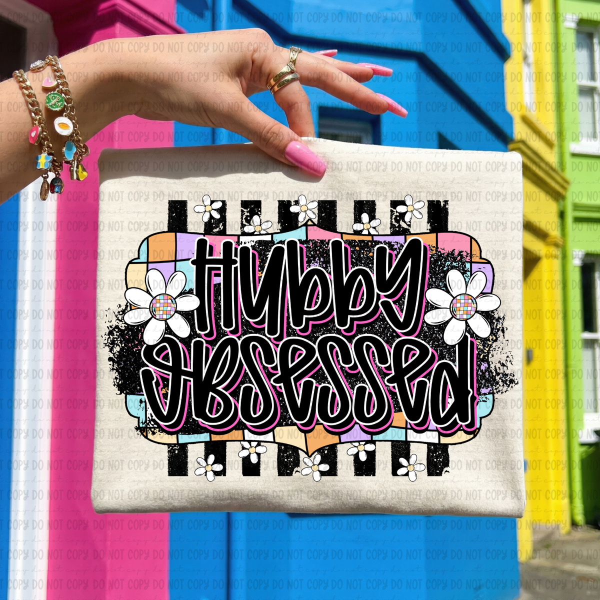 Retro colorful checkered hubby obsessed (Revel) DTF Transfer