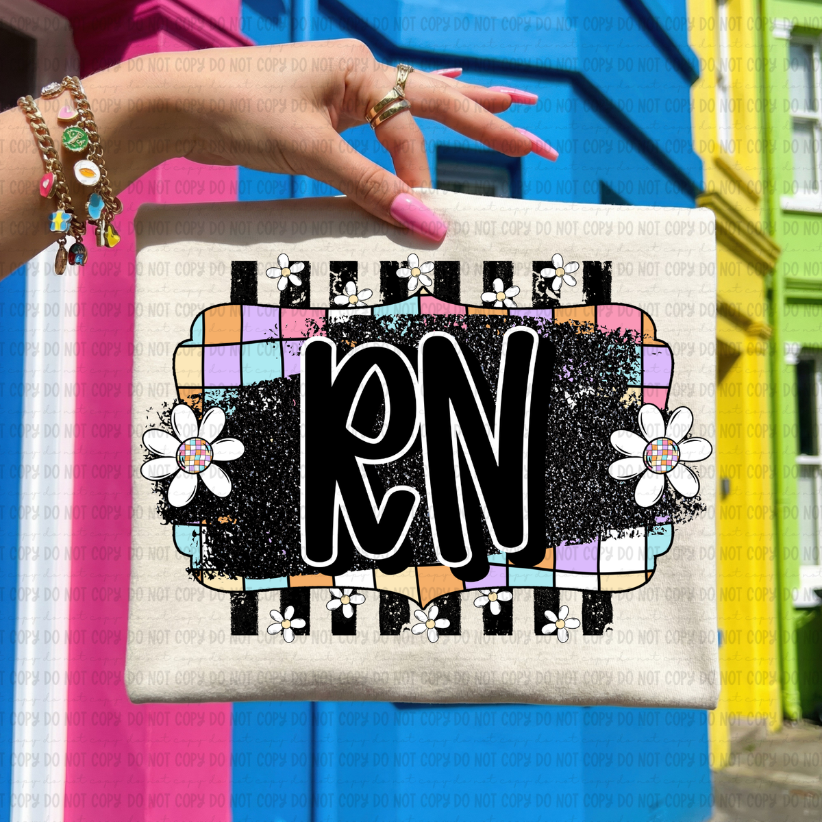 Retro colorful checkered RN (Revel) DTF Transfer