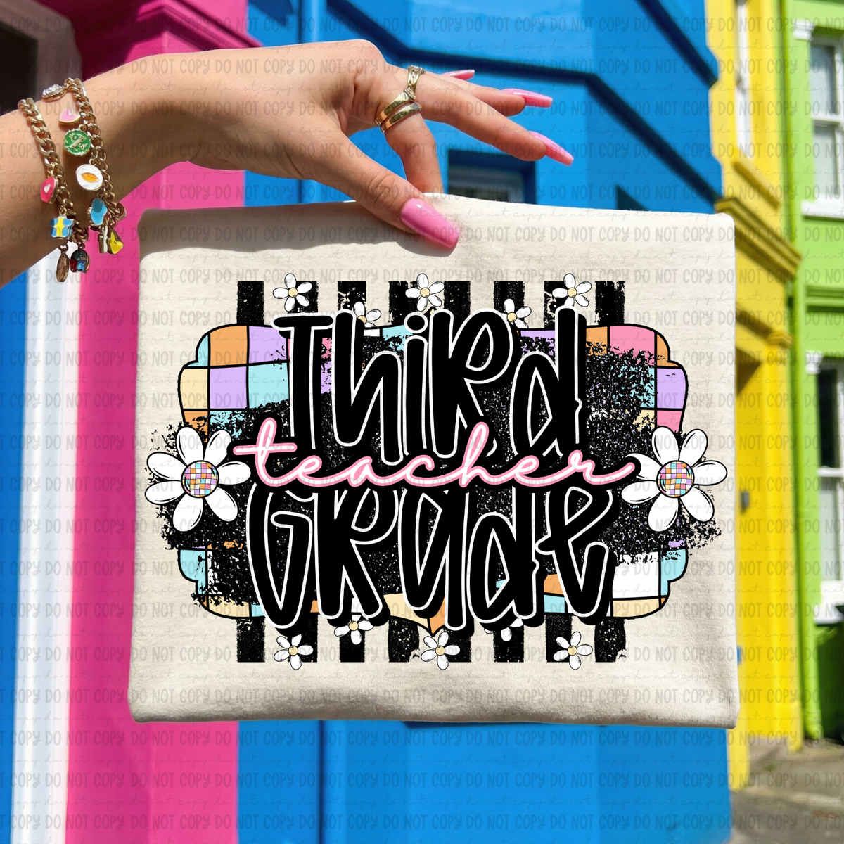 Retro colorful checkered third grade teacher (Revel) DTF Transfer