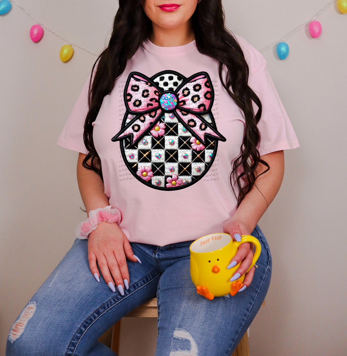 Rhinestones Checkered Floral Egg With Bow Faux Embroidery 86021 DTF Transfer