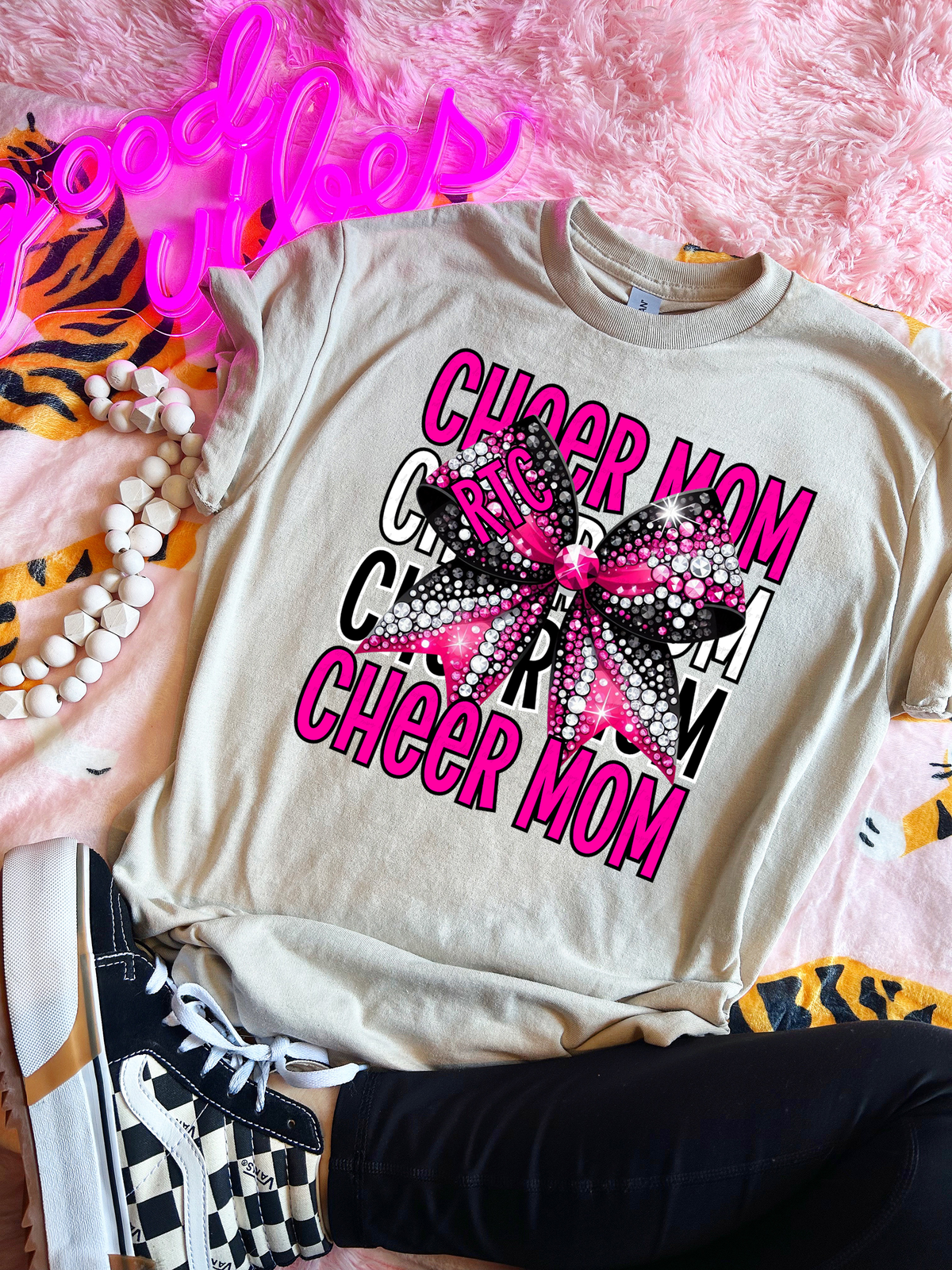 Cheer Mom Stacked Black and Pink Bow 117808 DTF transfer