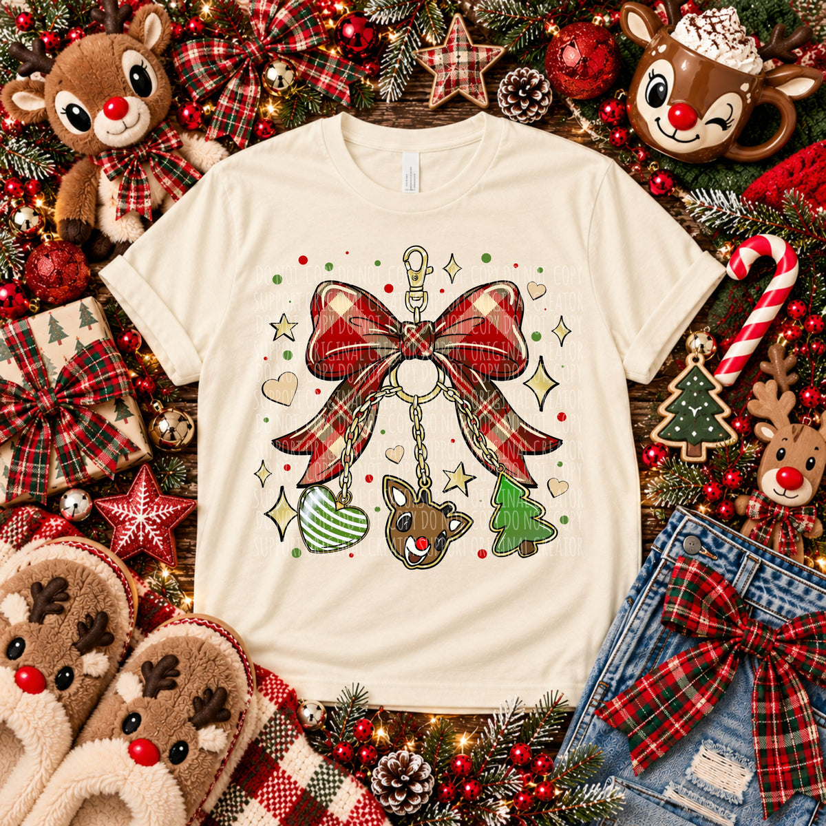 Reindeer keychain with plaid bow (Starlight) DTF