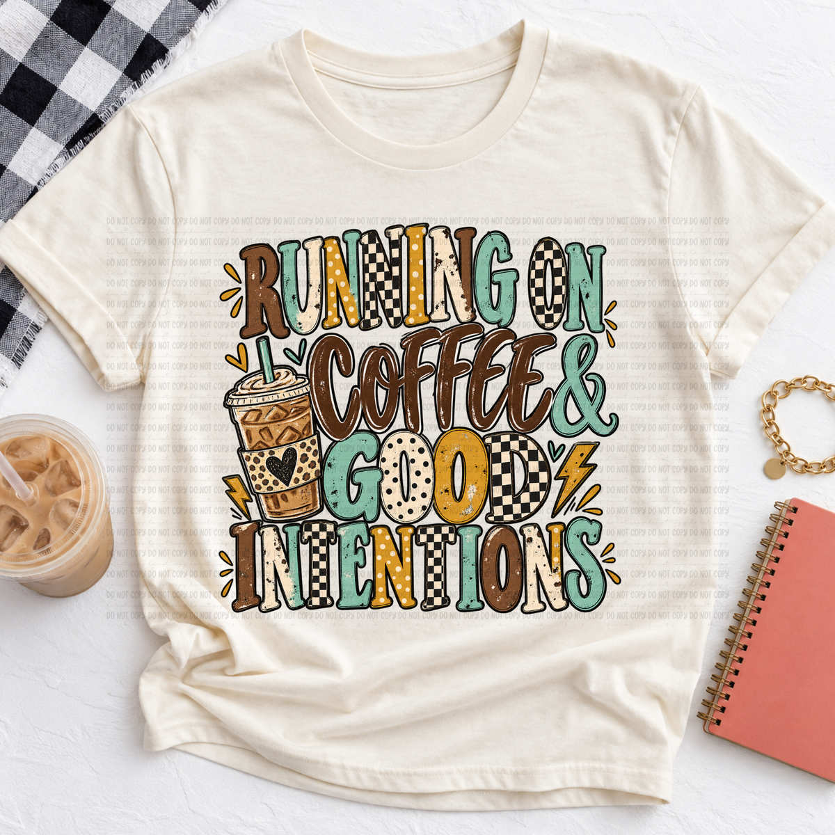 Running on coffee & good intentions yellow blue brown and black and white checkered letters (Revel) DTF Transfer