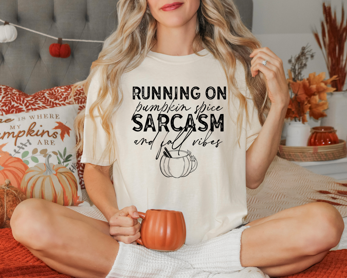 Running On Pumpkin Spice Sarcasm and Fall Vibes Black Font 115735 DTF Transfer