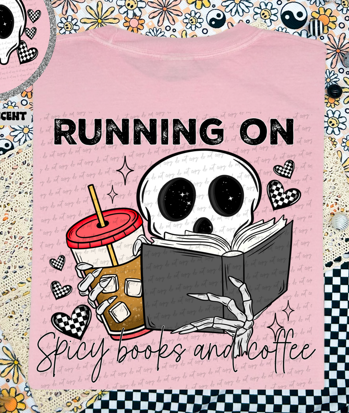 Running On Spicy Books And Coffee Skull (Back Print) 86241 DTF Transfer