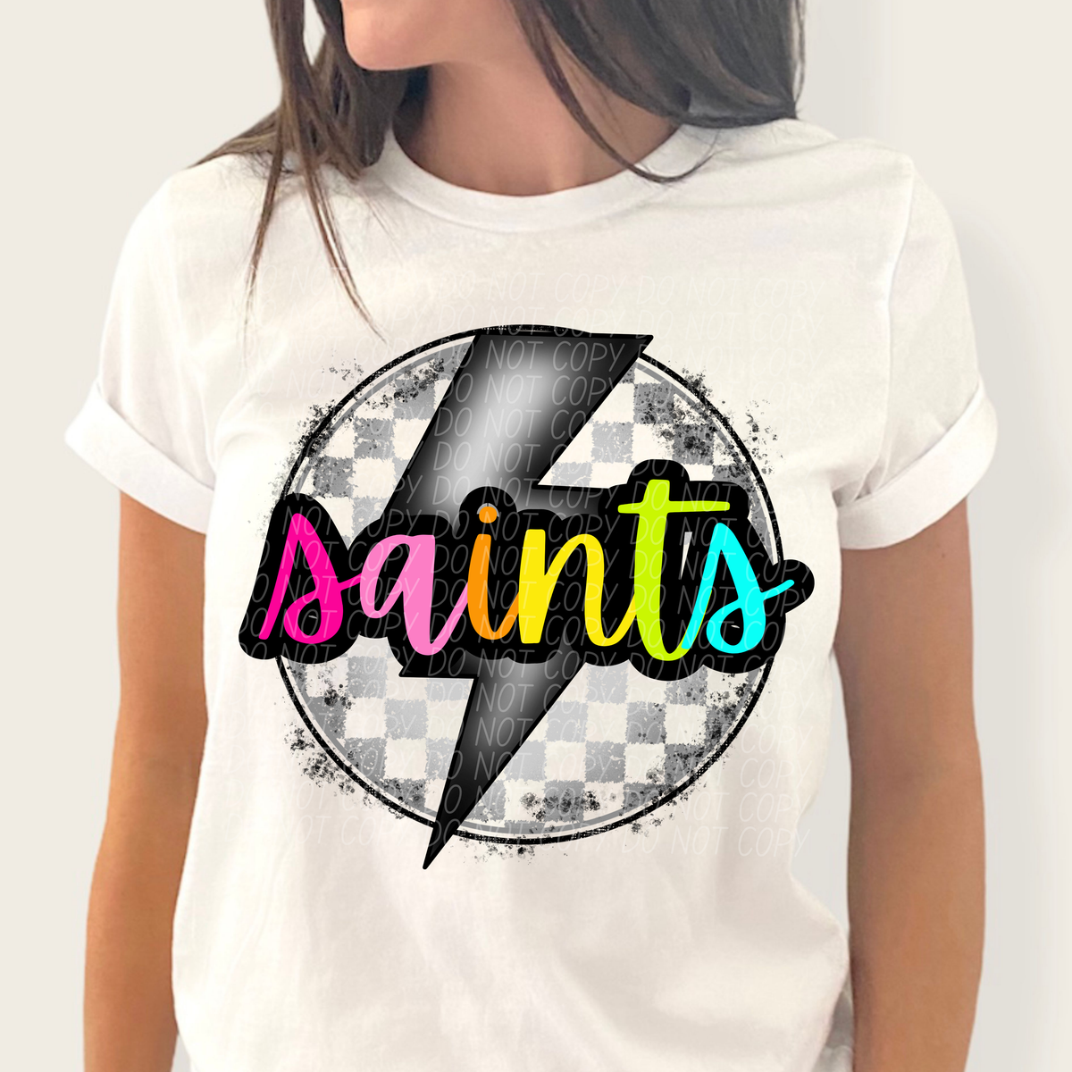 Saints BRIGHT COLORS FONT lightning bolt circle CITY DTF transfer