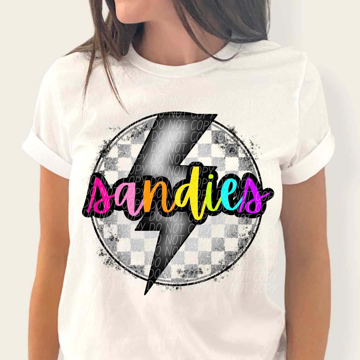 Sandies BRIGHT COLORS FONT lightning bolt circle CITY DTF transfer