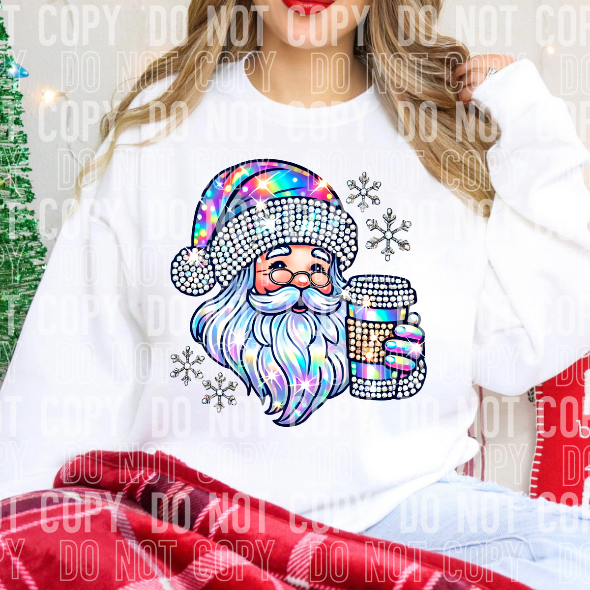 Santa with coffee rhinestone sparkles SBB DTF transfers