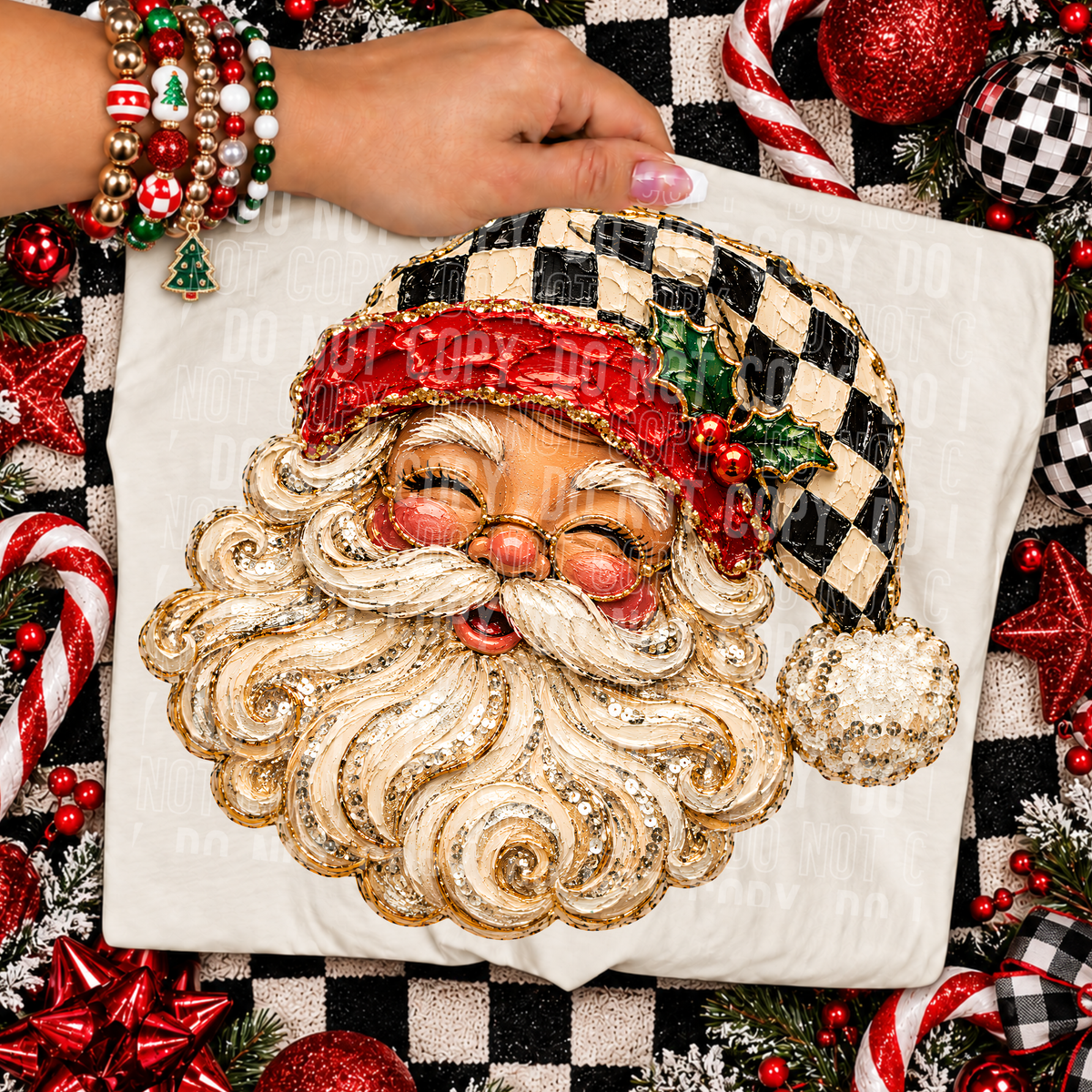 Santa faux Christmas painted with black and white checkered hat (SBB) DTF Transfer