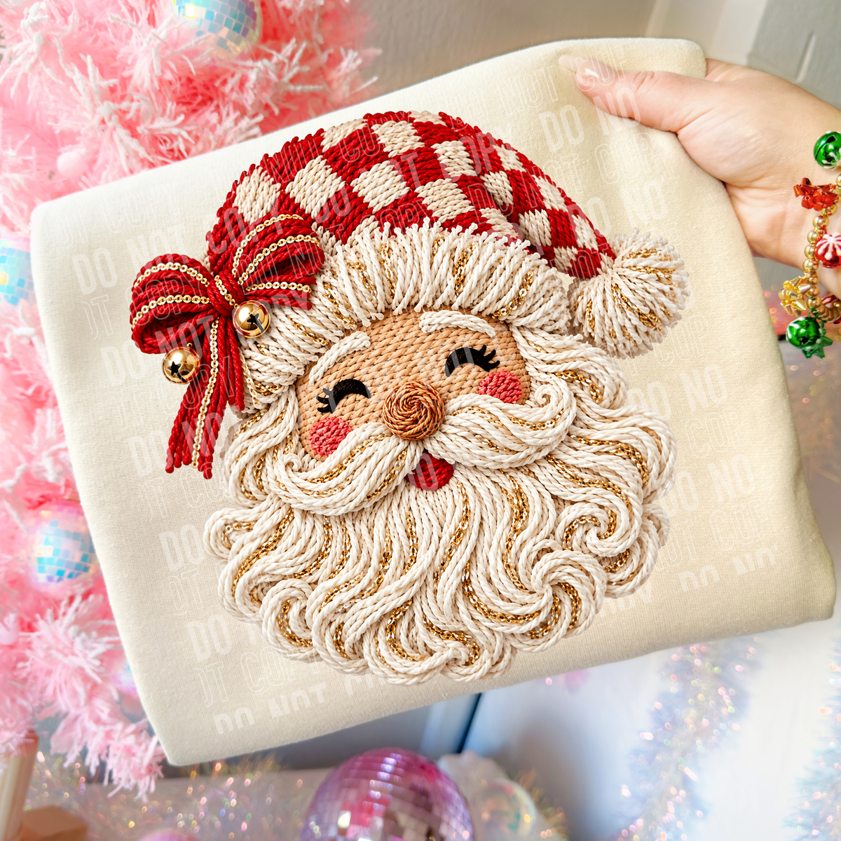 Santa with jingle bell bow- Faux Yarn (SBB) DTF Transfer (Copy)