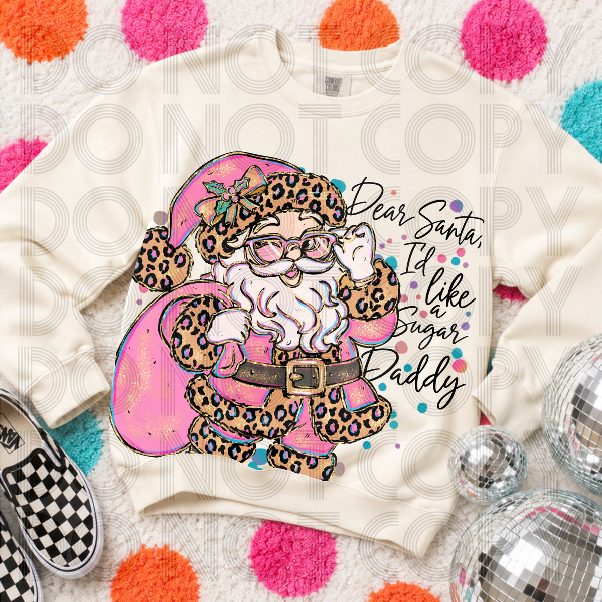Santa I'd like a sugar daddy Santa in pink suit with leopard accents (Renewed) DTF Transfer