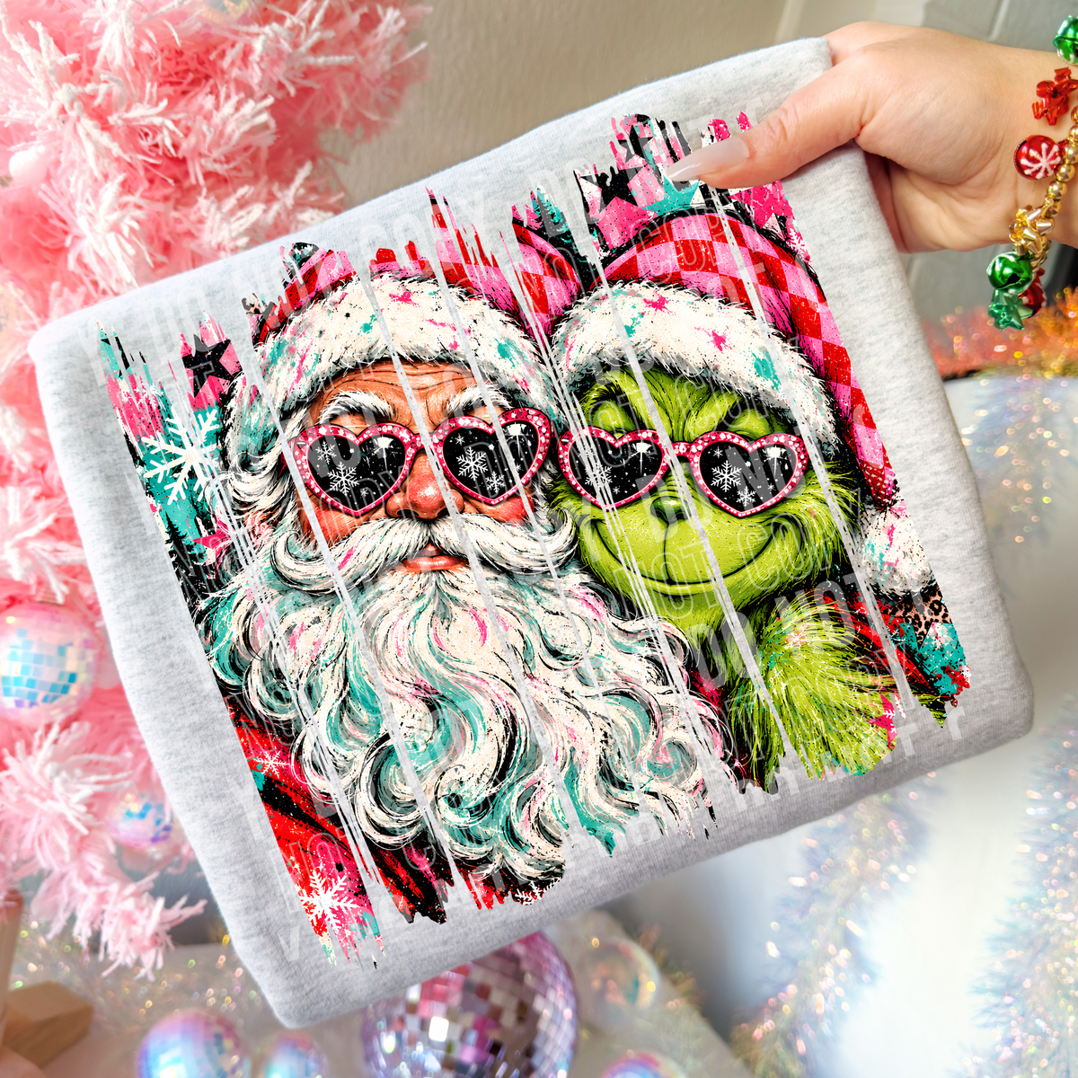 Santa and G man heart glasses pink hat brushstrokes DTF Transfer