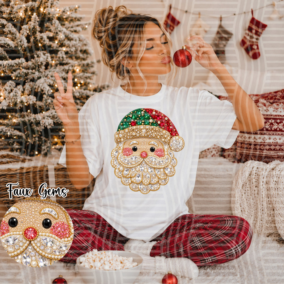 SANTA with Green and Red Hat - Faux Rhinestone (Caplinger)DTF Transfer