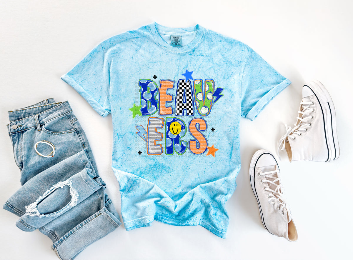 beavers doodle fonts smiley face stars and lightening bolts (scg) DTF Transfer