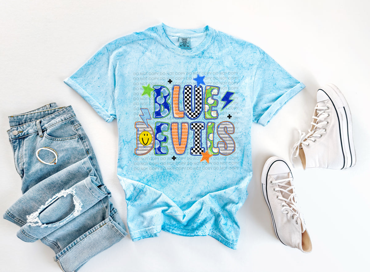 blue devils doodle fonts smiley face stars and lightening bolts (scg) DTF Transfer