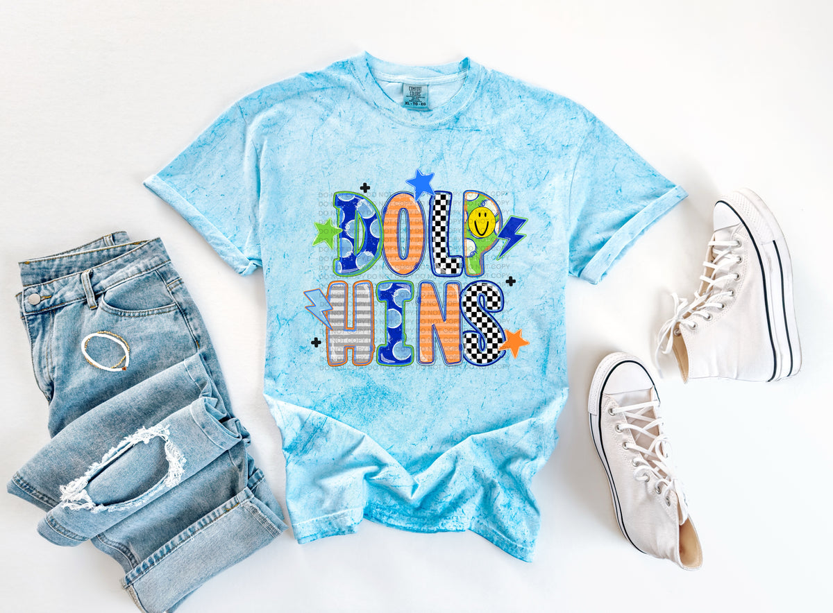 dolphins doodle fonts smiley face stars and lightening bolts (scg) DTF Transfer
