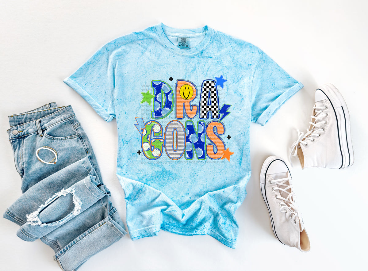 dragons doodle fonts smiley face stars and lightening bolts (scg) DTF Transfer