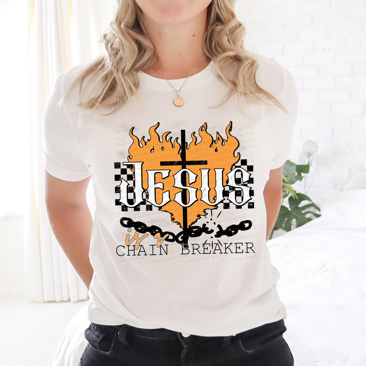 Jesus Is A Chain Breaker Heart Flame Checkered 117741 DTF transfer