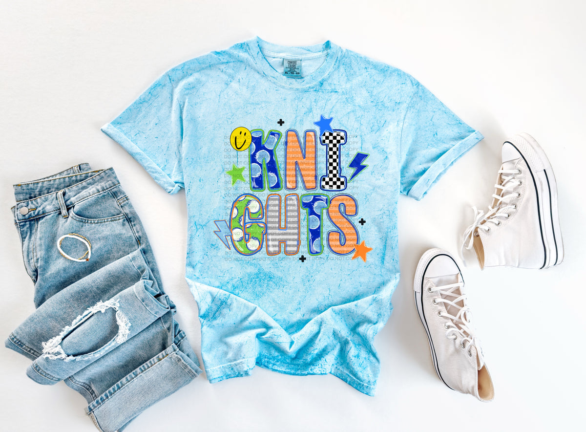 knights doodle fonts smiley face stars and lightening bolts (scg) DTF Transfer