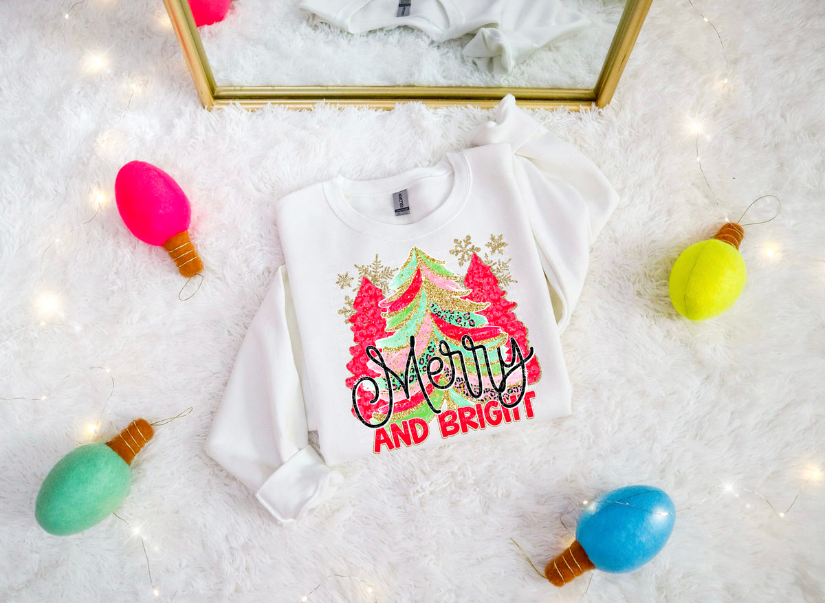 Merry & bright red trees and red words faux glitter outline (SCG) DTF Transfer