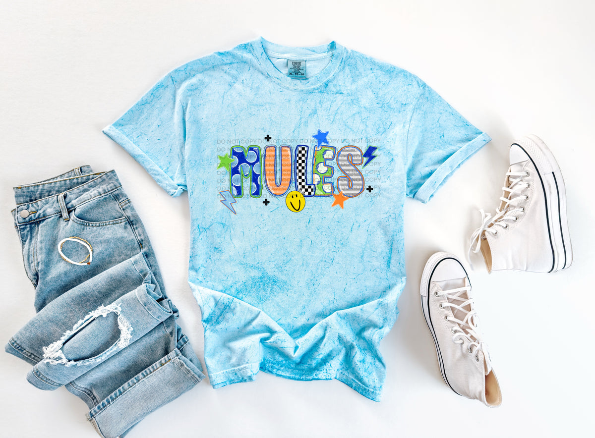 mules doodle fonts smiley face stars and lightening bolts (scg) DTF Transfer
