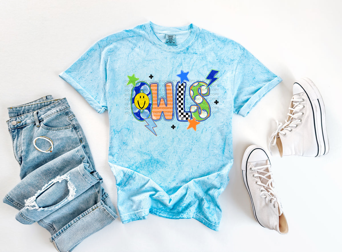 owls doodle fonts smiley face stars and lightening bolts (scg) DTF Transfer