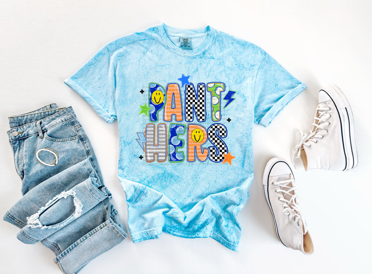 panthers doodle fonts smiley face stars and lightening bolts (scg) DTF Transfer