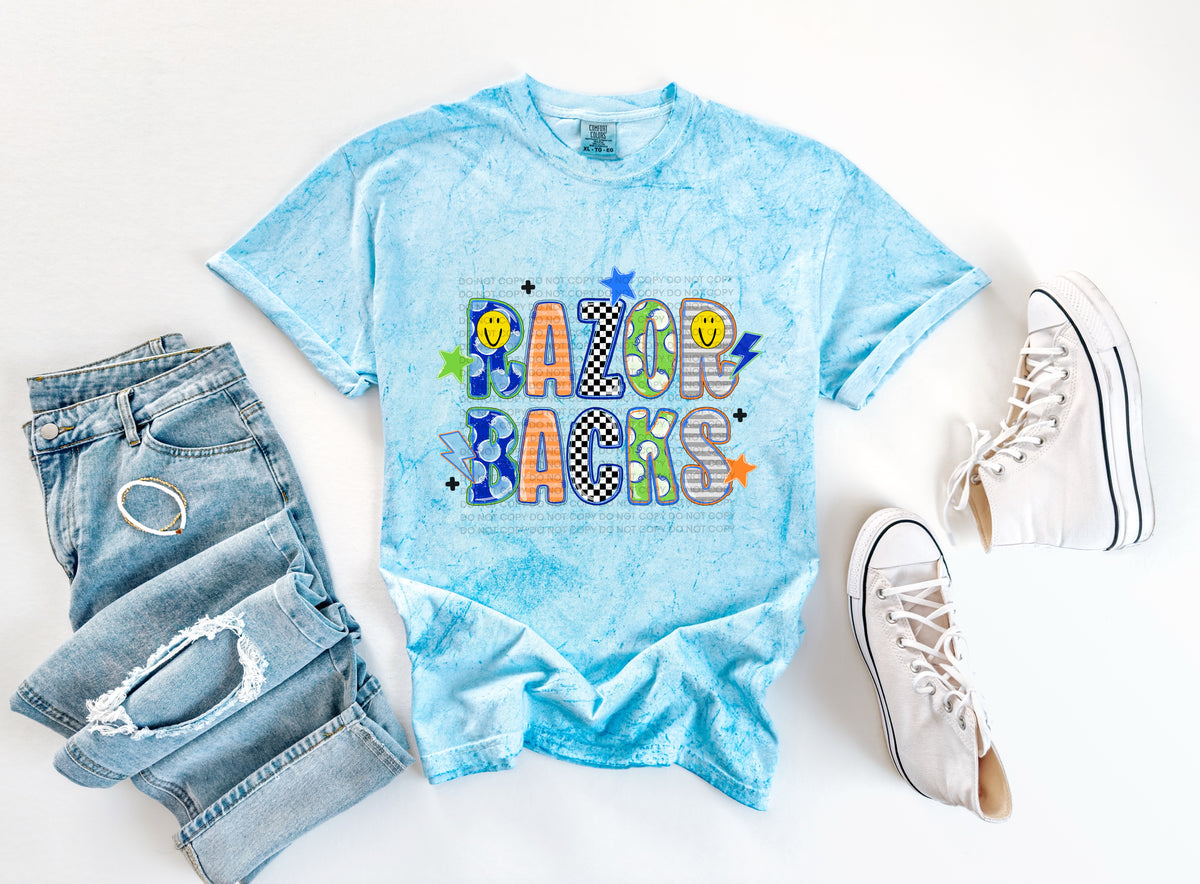 razorbacks doodle fonts smiley face stars and lightening bolts (scg) DTF Transfer