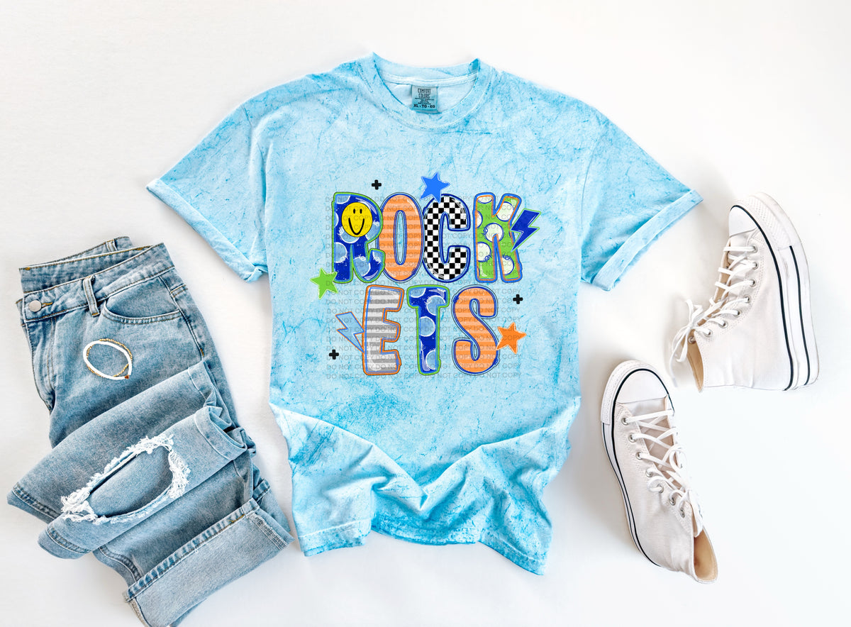 rockets doodle fonts smiley face stars and lightening bolts (scg) DTF Transfer