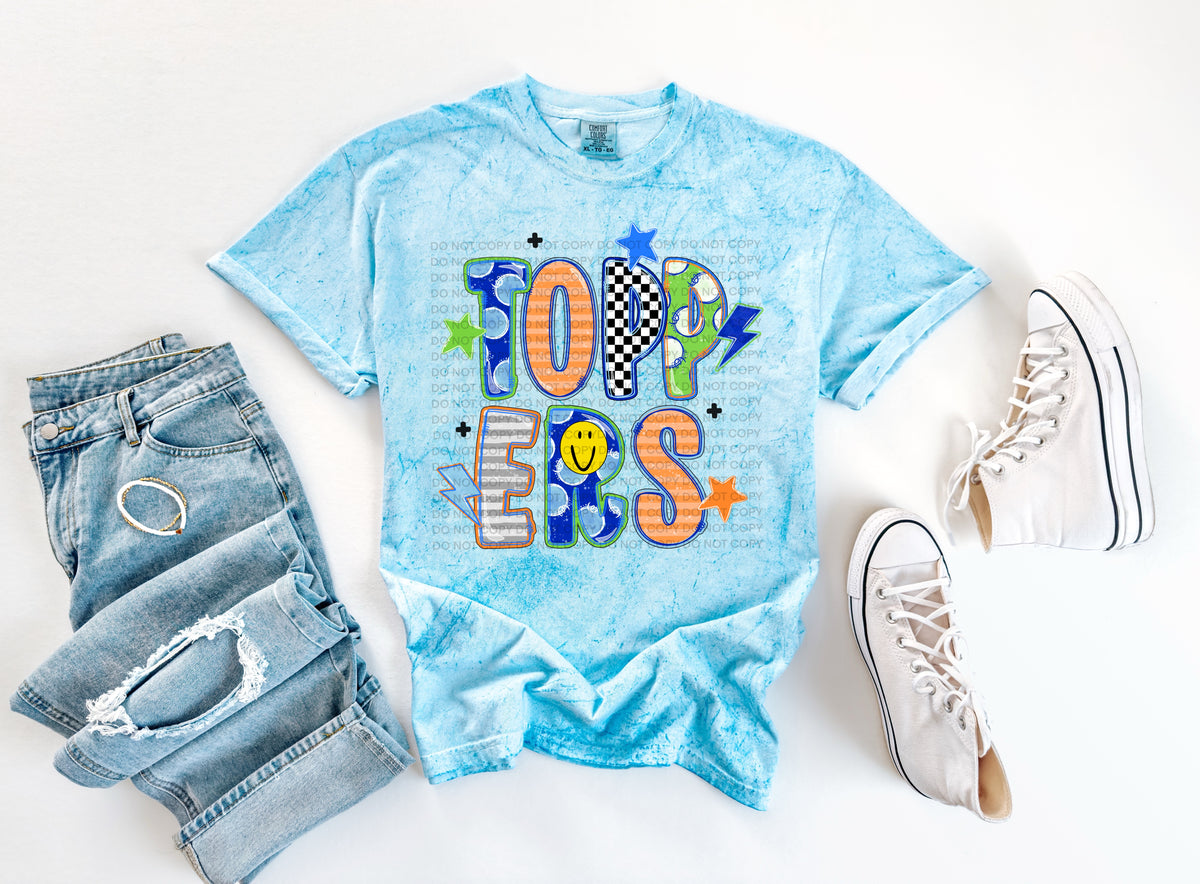 toppers doodle fonts smiley face stars and lightening bolts (scg) DTF Transfer