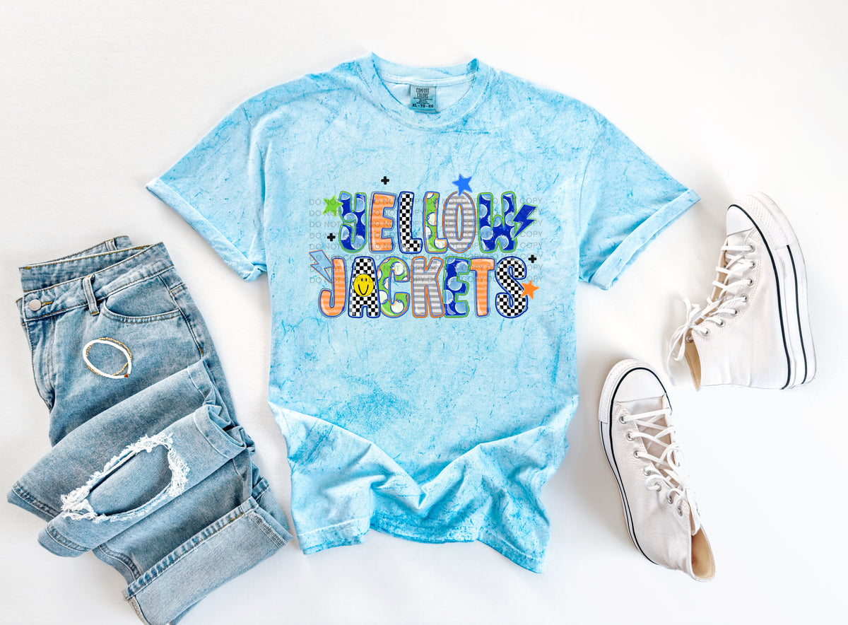 yellow jackets doodle fonts smiley face stars and lightening bolts (scg) DTF Transfer
