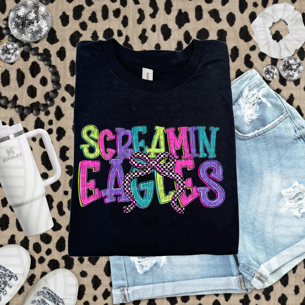 Screamin eagles stacked neon colors with checkered bow (caplinger) DTF Transfer