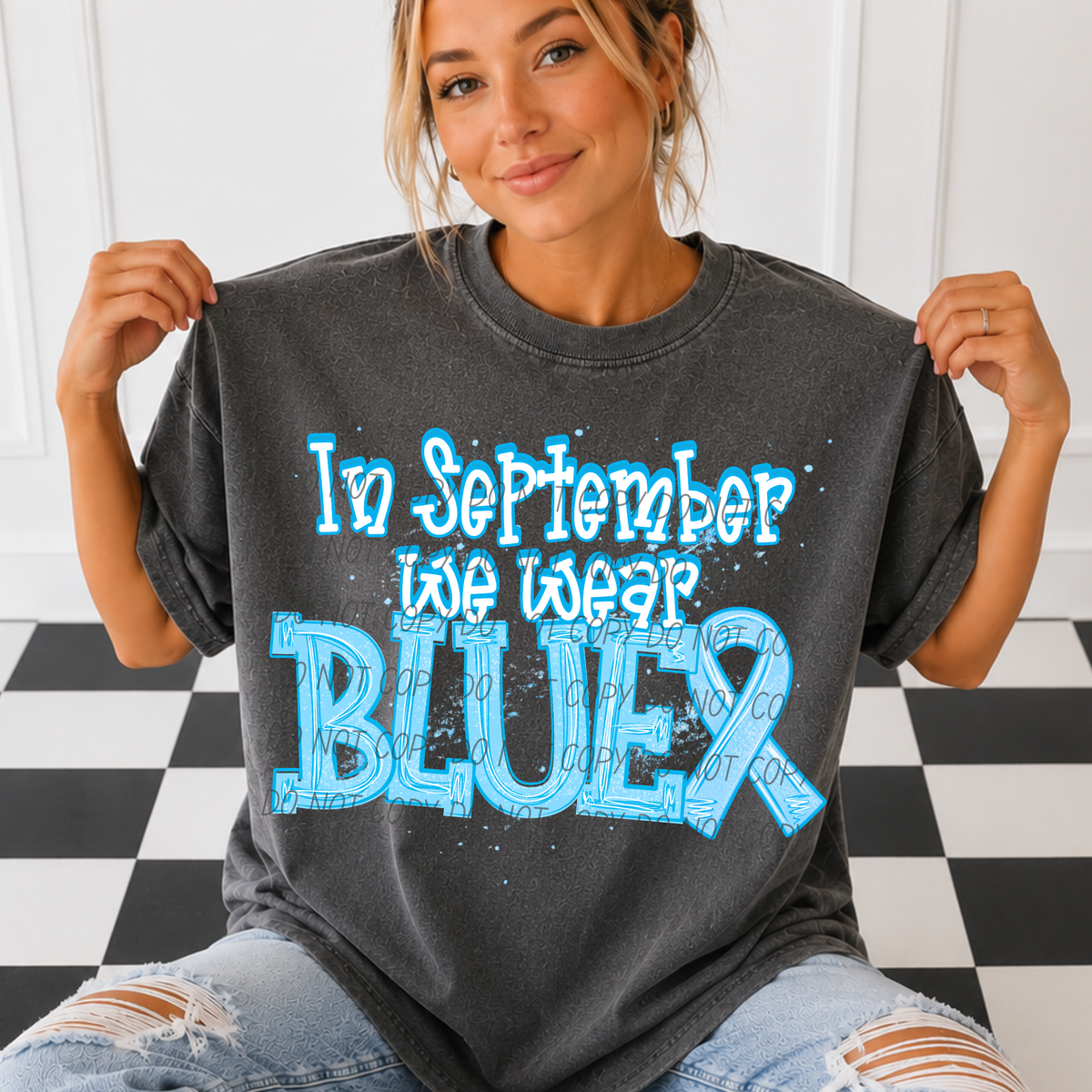 In Sept we wear BLUE-white font- blue outline (CITY) DTF Transfer