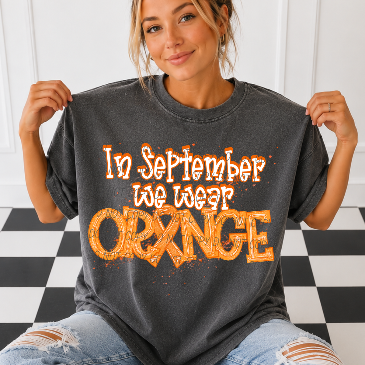 In Sept we wear ORANGE- white font-orange outline (CITY) DTF Transfer