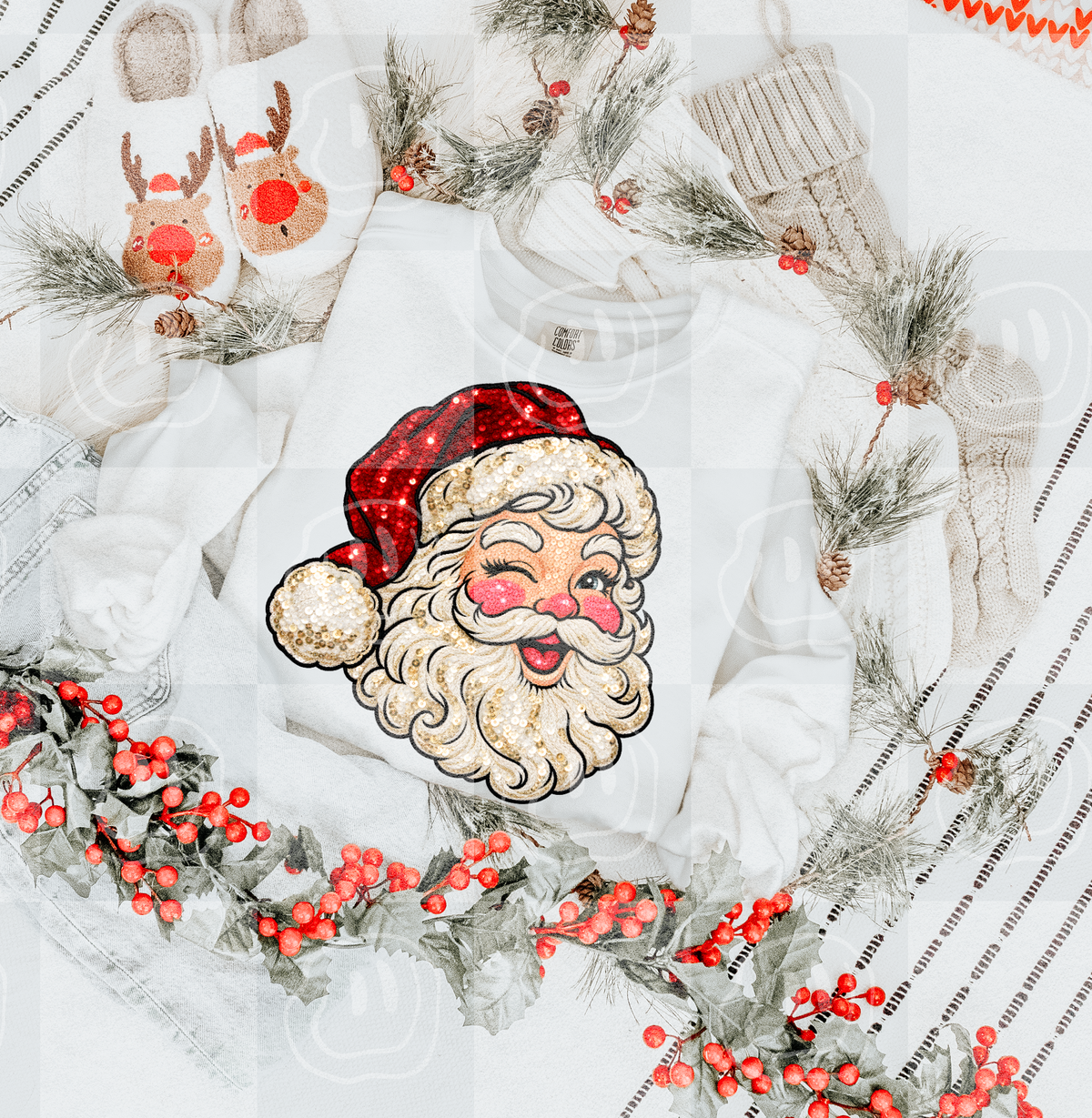 Blushing winking Santa faux sequins (Unhinged) DTF Transfer