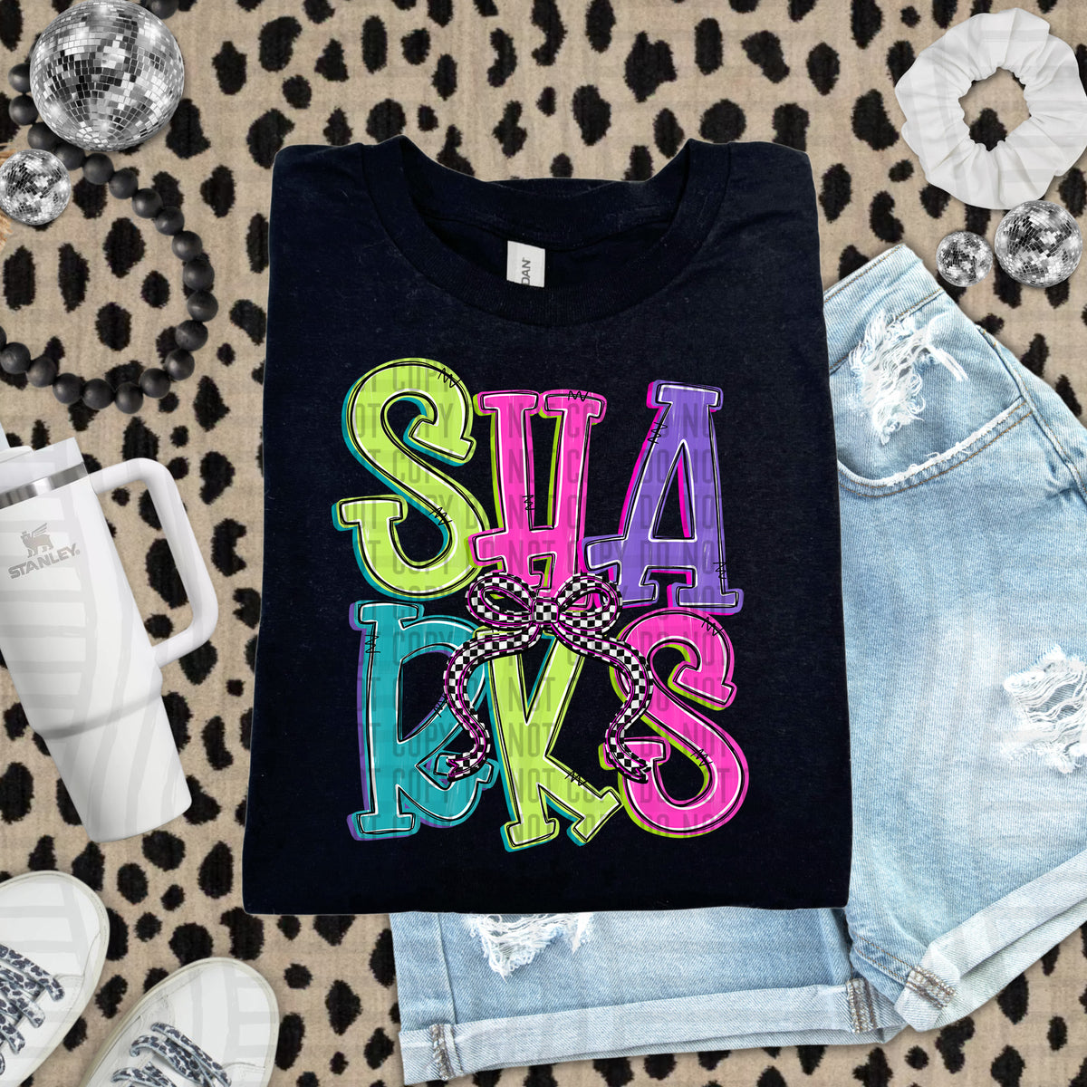 Sharks stacked neon colors with checkered bow (caplinger) DTF Transfer