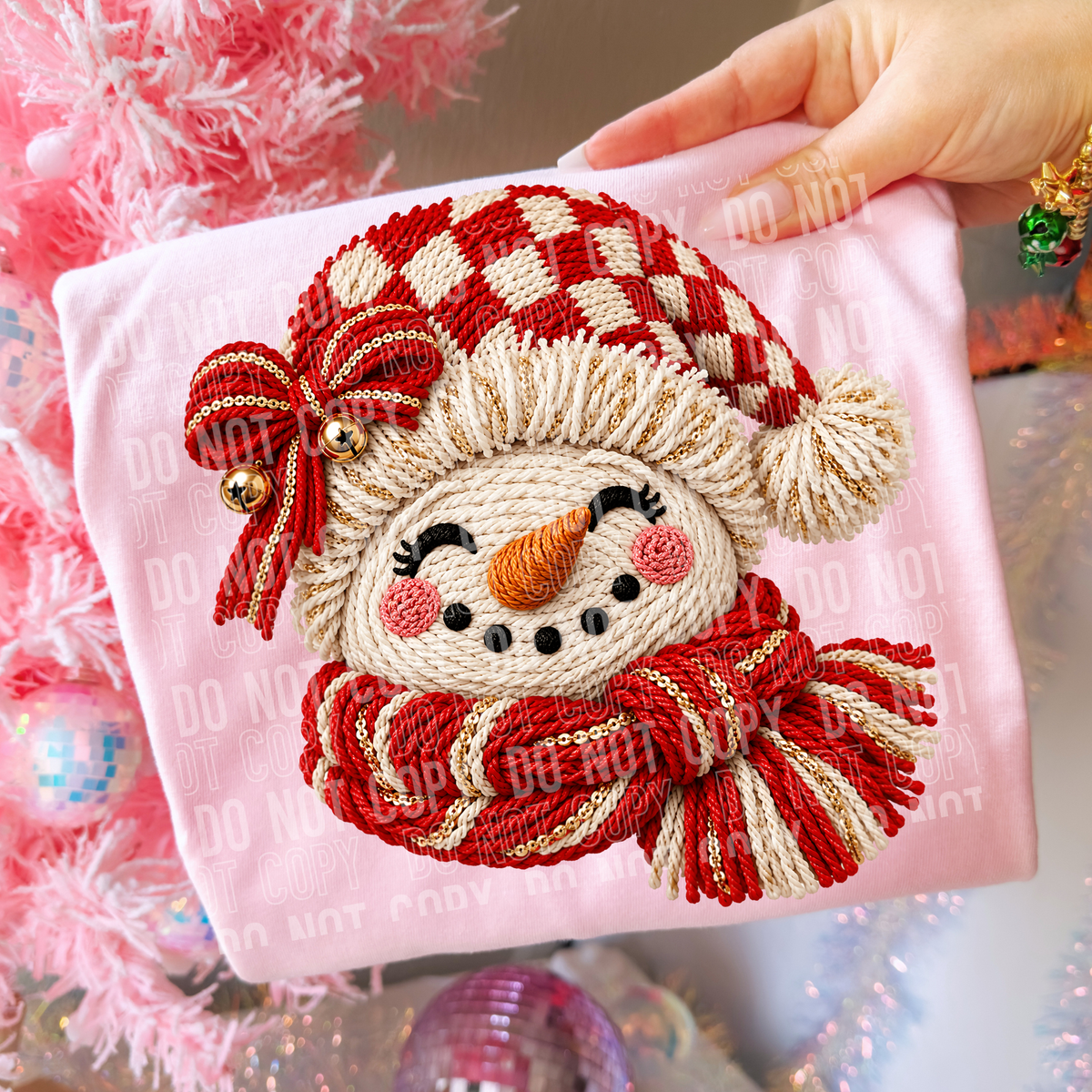 Happy snowman red and white plaid hat with red bow faux yarn (SBB) DTF Transfer